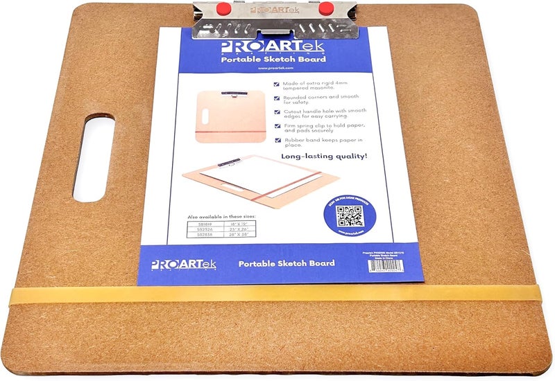 Proartek Drafting PK00026 Model SB1516 SB Series 15" x 16" Artist Sketch Board, Brown; 4mm Tempered Masonite; Constructed with a Cutout Handle; Smooth Edges; Firm Spring Clips; Rubber Band Included - Image 2